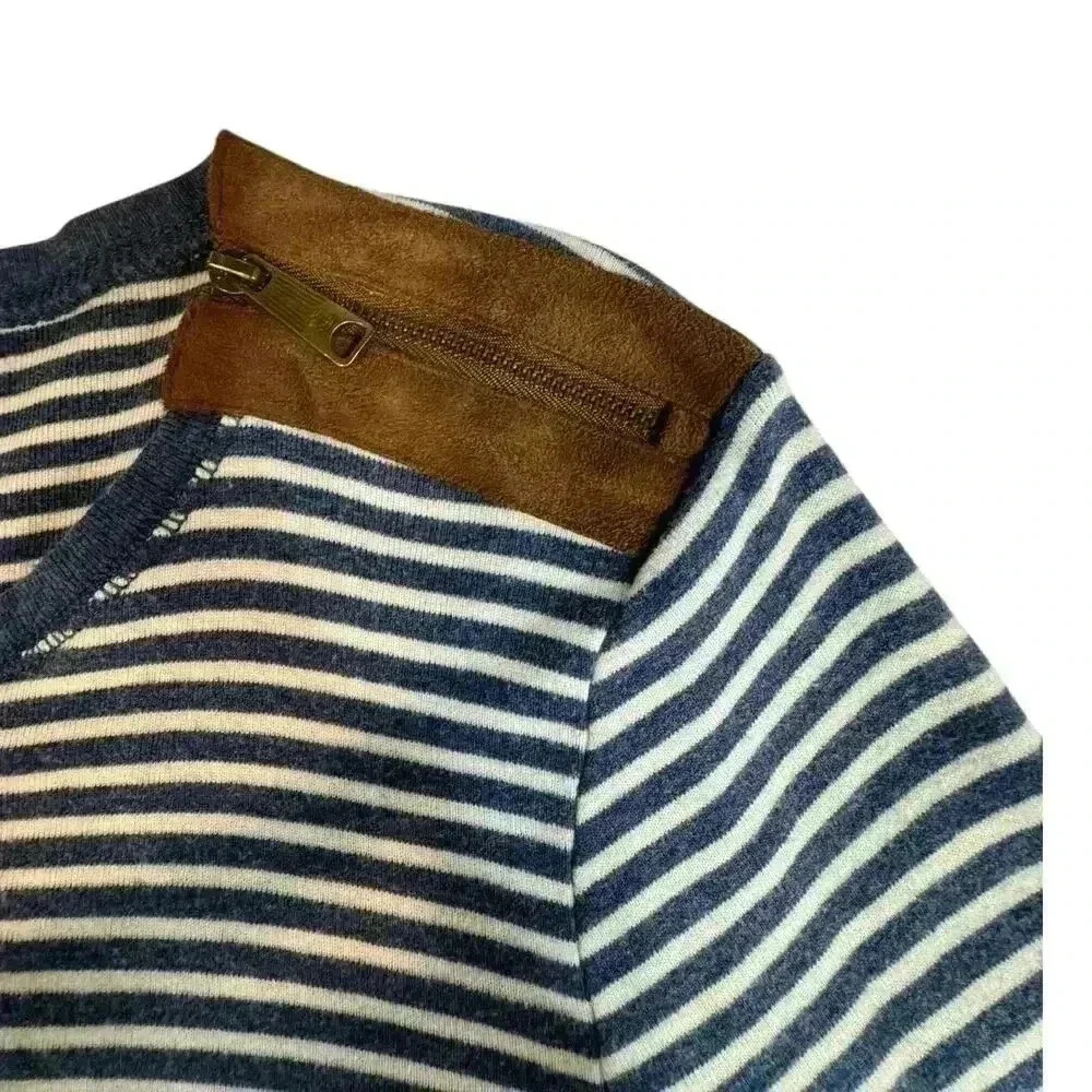 Lauren by Ralph Lauren Soft Cotton Blue/White Stripe Top with suede patch elbow - Picture 5 of 11